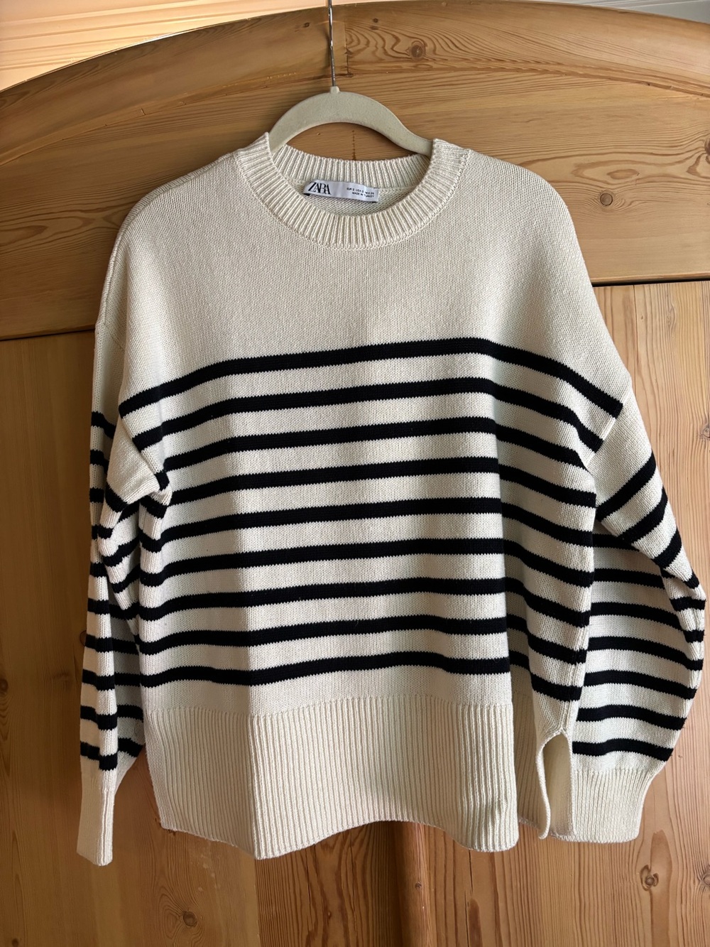Zara Cream and Black Striped Crewneck Sweater